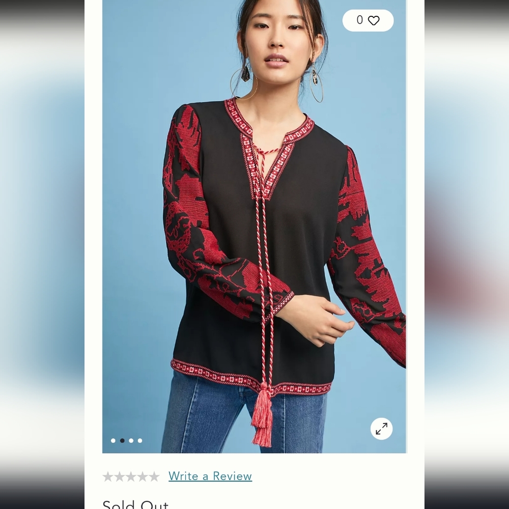 Anthropologie Maeve Black and Burgandy Embroidered Blouse